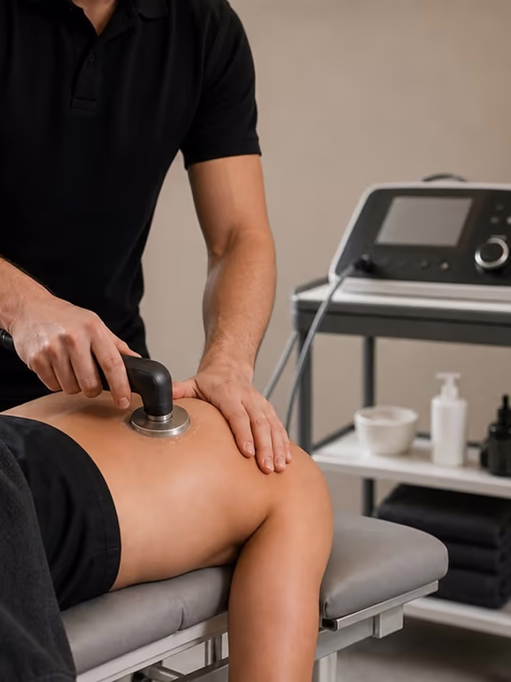 TECAR therapy treatment on a patient's knee with equipment trolley nearby